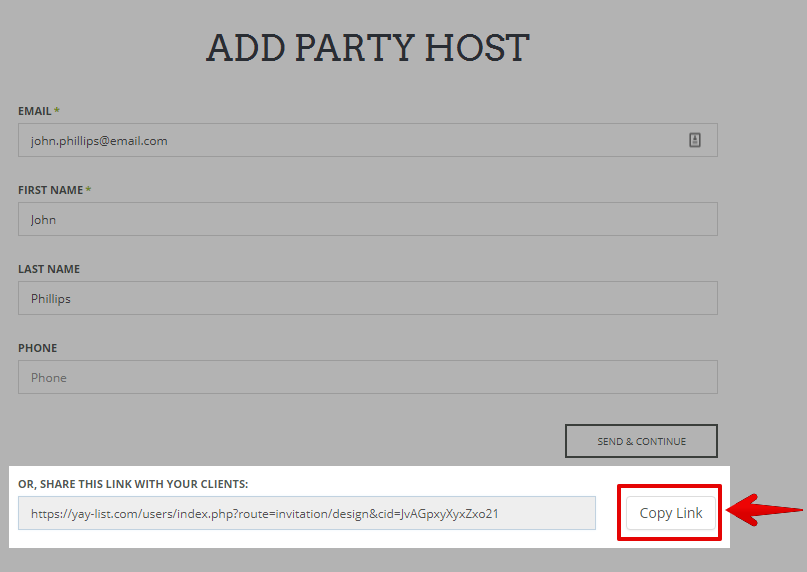 Add Party Host Link